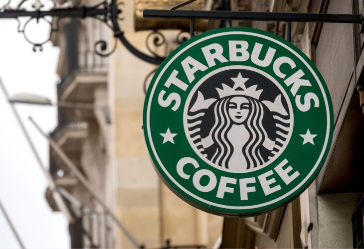 The outside of vegan-friendly coffee chain Starbucks, which has a vegan-friendly food and drinks menu