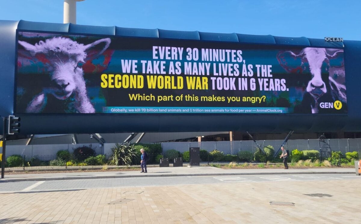 A vegan billboard from Gen V comparing slaughterhouse statistics with lives lost in World War 2