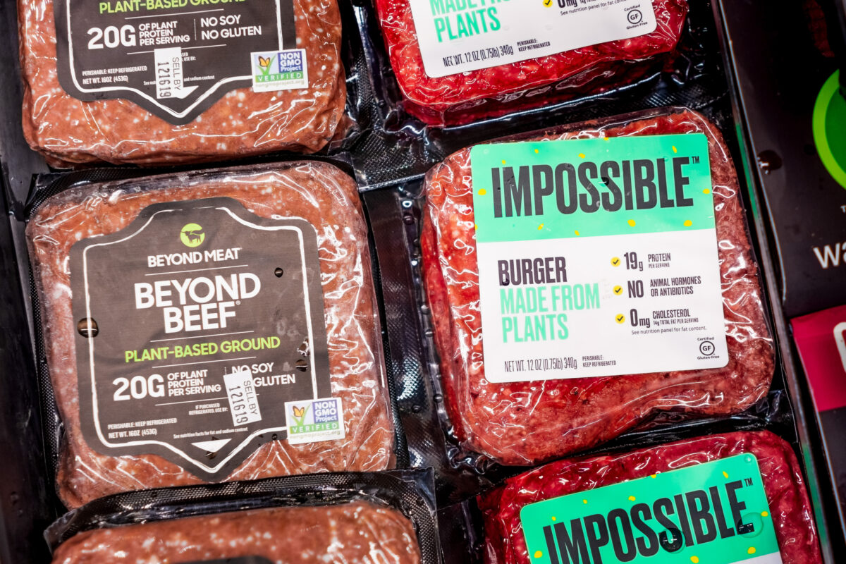 Beyond Meat and Impossible vegan burgers in a supermarket