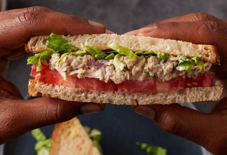 A vegan tuna sandwich made from plant-based fish from fish-free company Good Catch