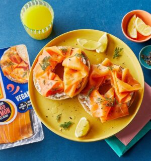 A plate of vegan smoked salmon from Squeaky Bean, which is now available to buy in UK supermarkets