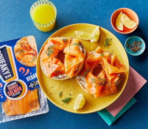 A plate of vegan smoked salmon from Squeaky Bean, which is now available to buy in UK supermarkets