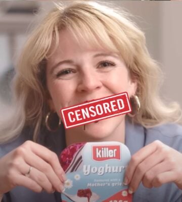 A still from a vegan advert from animal rights organization Viva! showing a woman eating a "killer yogurt" with a "censored" sign over her mouth