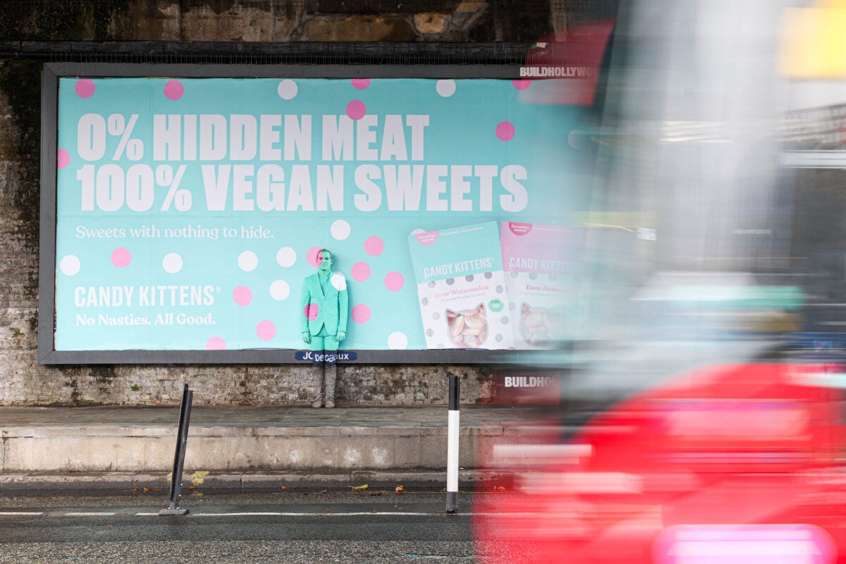 Photo of Candy Kittens founder Jamie Laing blending into a sky-blue billboard that highlights the problem of gelatin in non-vegan sweets