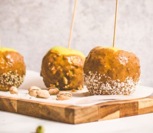 Vegan caramel apples made with an entirely plant-based recipe for Halloween