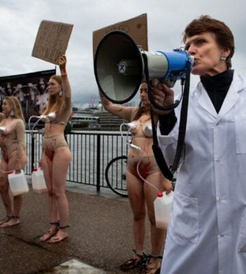 Dairy Is Not Human(e) demonstration outside Tate Modern to protest dairy industry