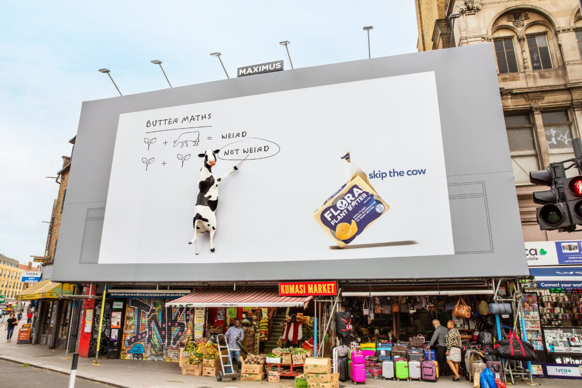 A billboard for vegan spread brand Flora for its "skip the cow" campaign