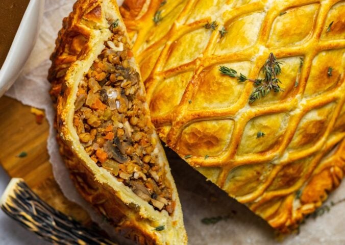 A vegan lentil and mushroom wellington