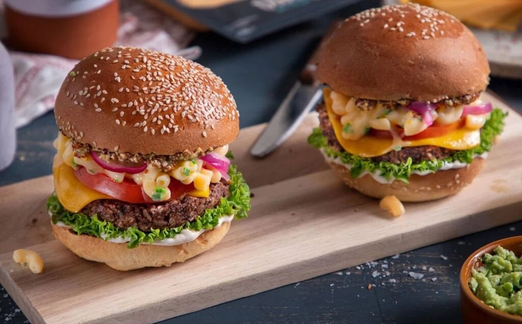 Two vegan mac and cheese burgers