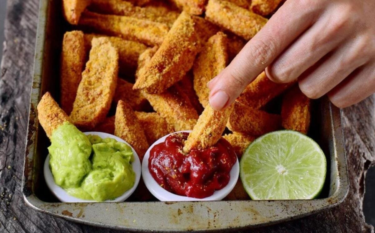 Vegan Parmesan wedges with a selection of dips