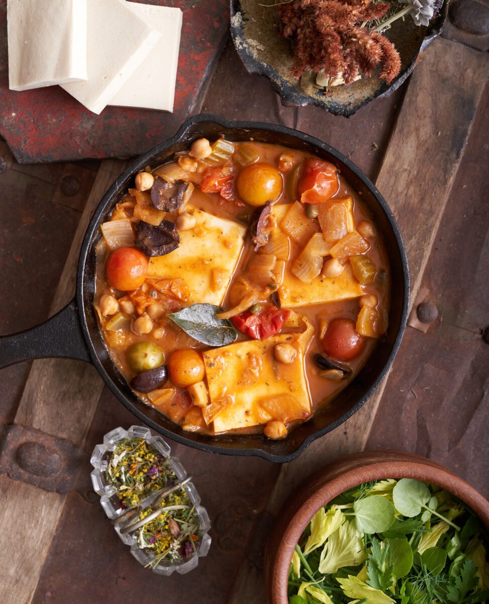 A one pot recipe cherry tomato and spongy tofu dish from George Stiffman, the author of Broken Cuisine