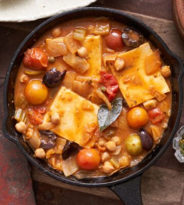 A one pot recipe cherry tomato and spongy tofu dish from George Stiffman, the author of Broken Cuisine