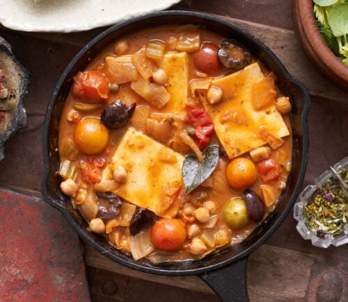 A one pot recipe cherry tomato and spongy tofu dish from George Stiffman, the author of Broken Cuisine