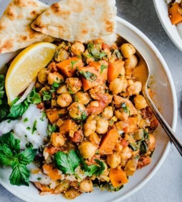 A bowl of Indian vegan sweet potato and chickpea stew