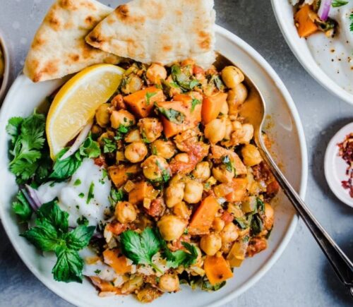 A bowl of Indian vegan sweet potato and chickpea stew