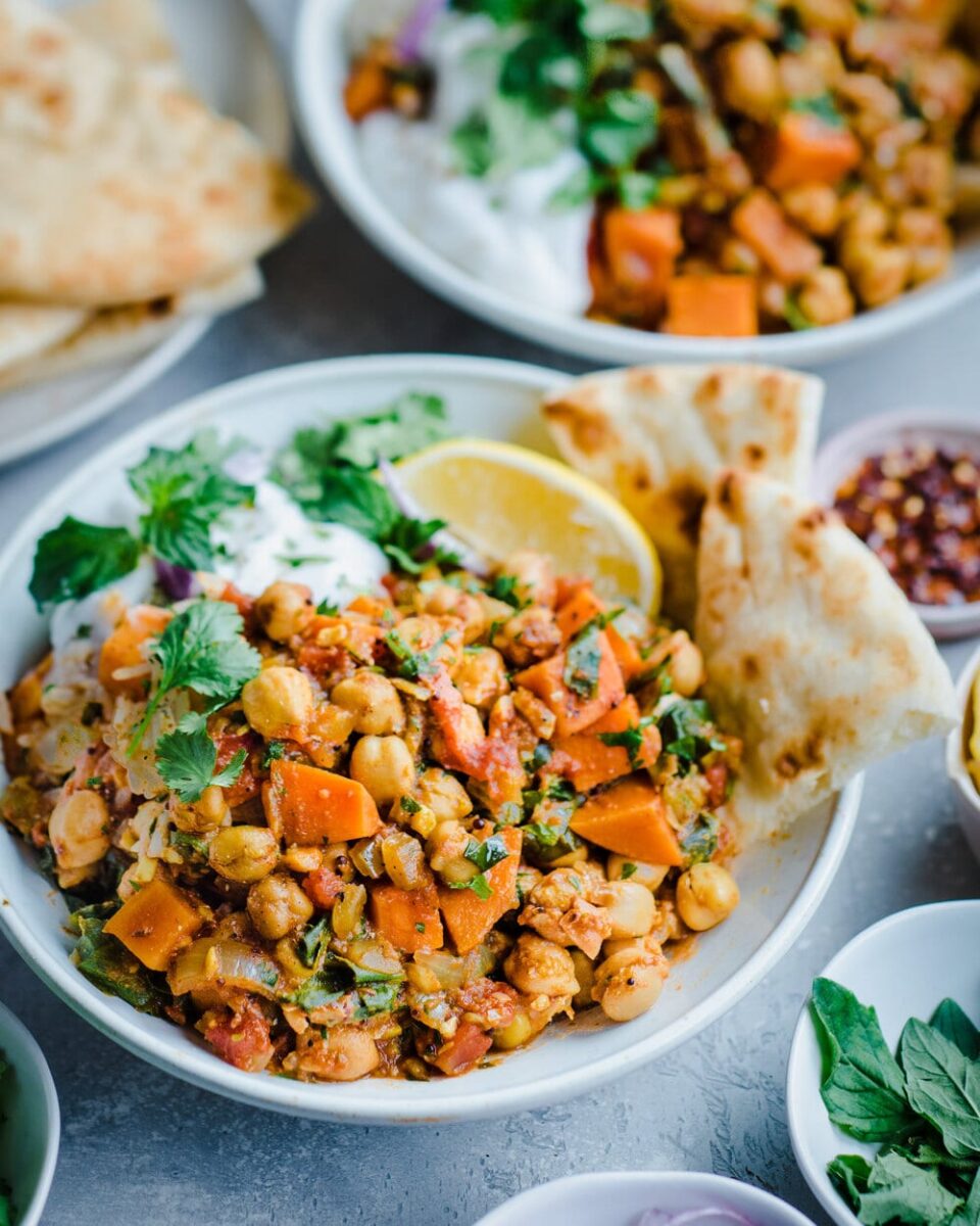 A bowl of Indian vegan sweet potato and chickpea stew