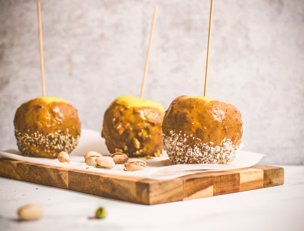 Vegan caramel apples made with an entirely plant-based recipe for Halloween