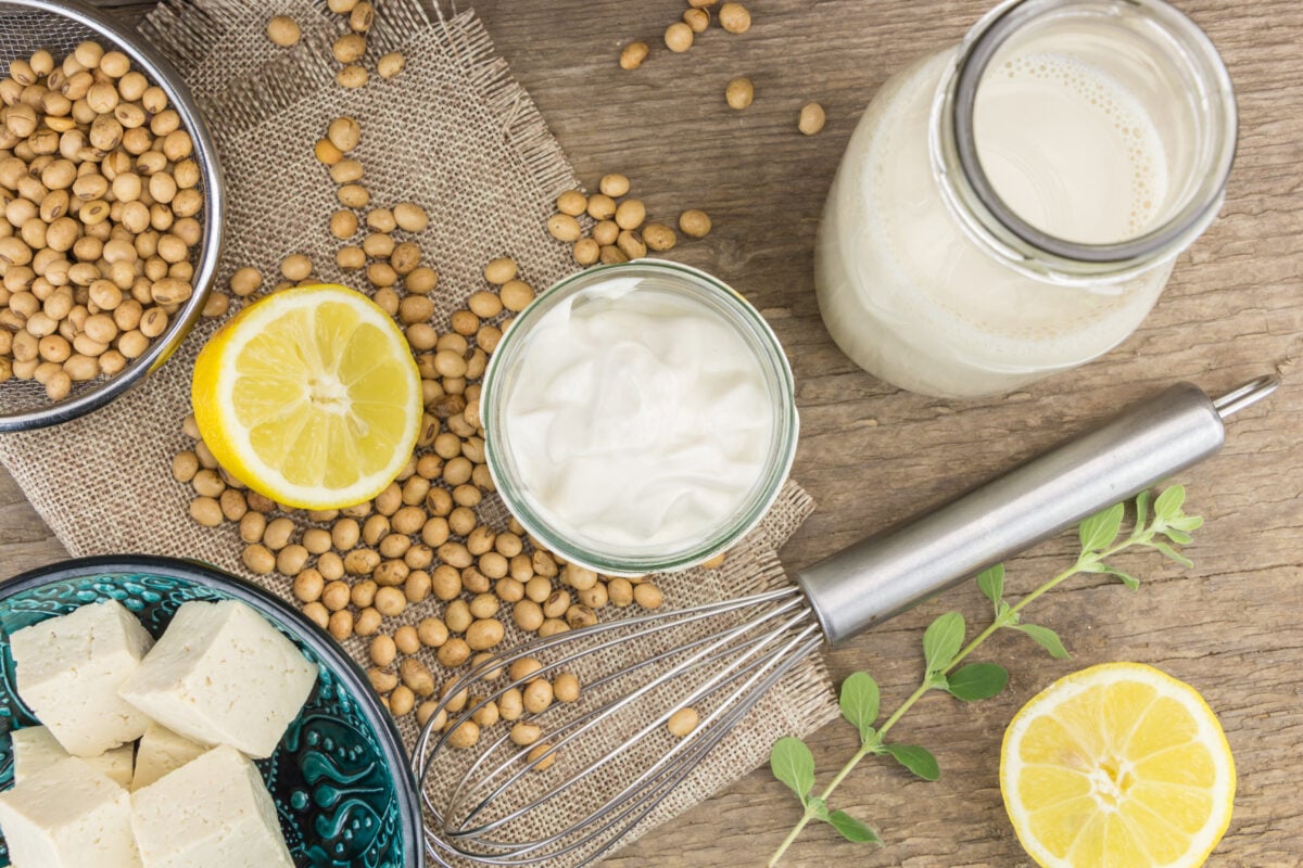 Ingredients for vegan mayo, including lemon juice and soy