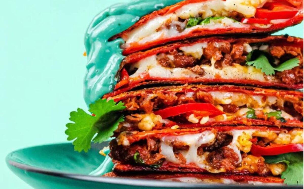 A vegan quesadilla complete with plant-based meat and cheese