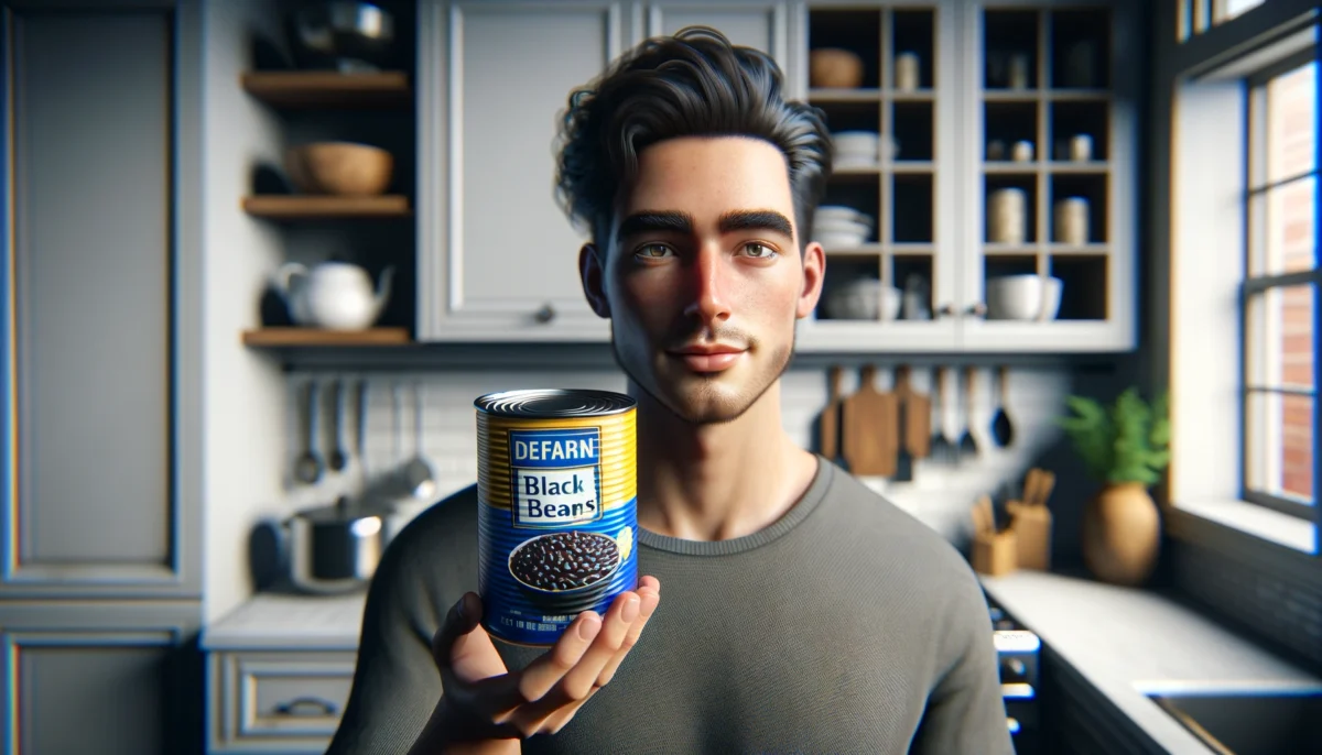 A generative ai image of a young man holding a tin of black beans in a brightly lit kitchen.