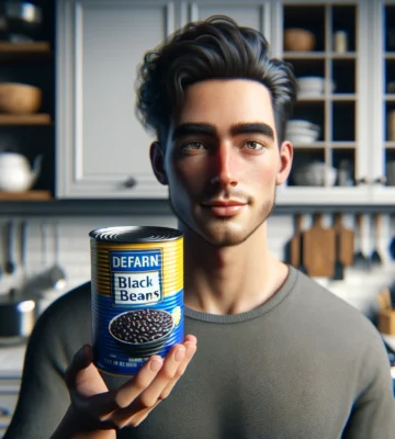 A generative ai image of a young man holding a tin of black beans in a brightly lit kitchen.