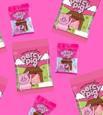 Packets of Percy Pigs on a pink background
