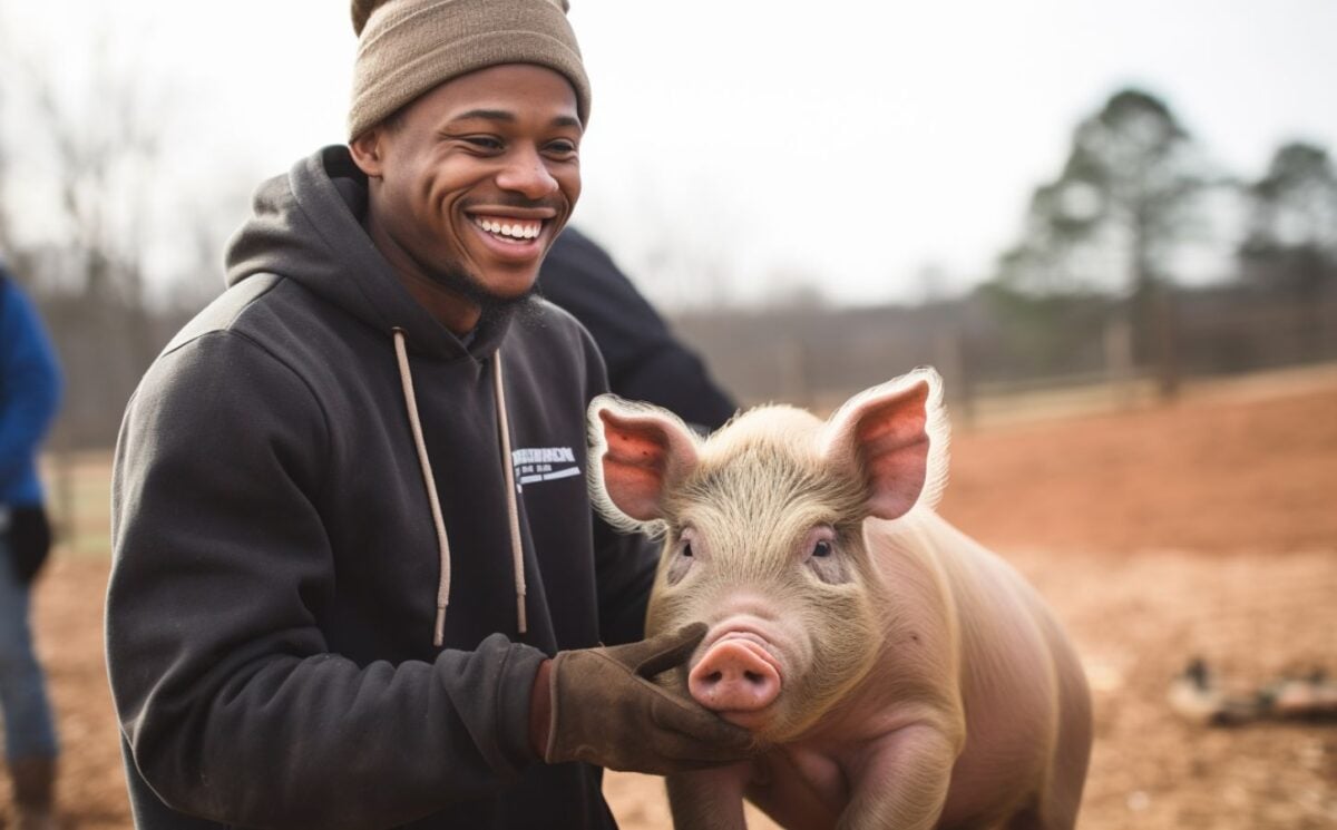 Ai generated image of a person volunteering at an animal sanctuary looking after a pig