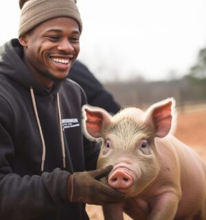 Ai generated image of a person volunteering at an animal sanctuary looking after a pig