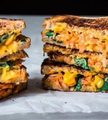 Vegan grilled cheese featuring jackfruit and nut-free vegan cheese sauce