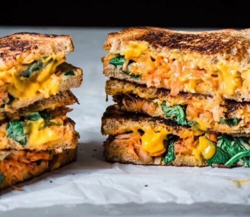 Vegan grilled cheese featuring jackfruit and nut-free vegan cheese sauce