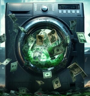 A graphic of green dollar bills coming out of a washing machine