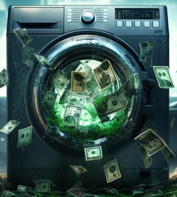 A graphic of green dollar bills coming out of a washing machine