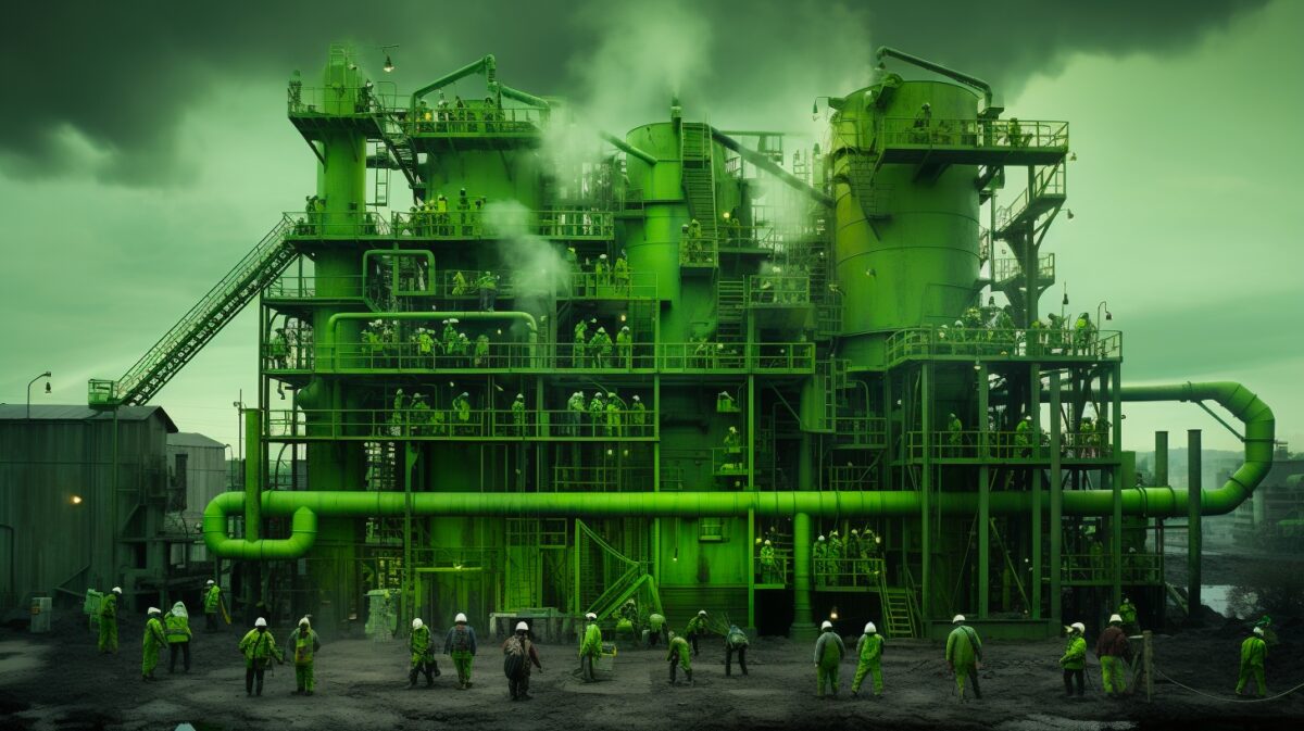 AI generated image of a factory with a green background
