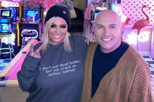 Vegan Jodie Marsh poses in a jumper that seems to compare meat eaters to serial killers