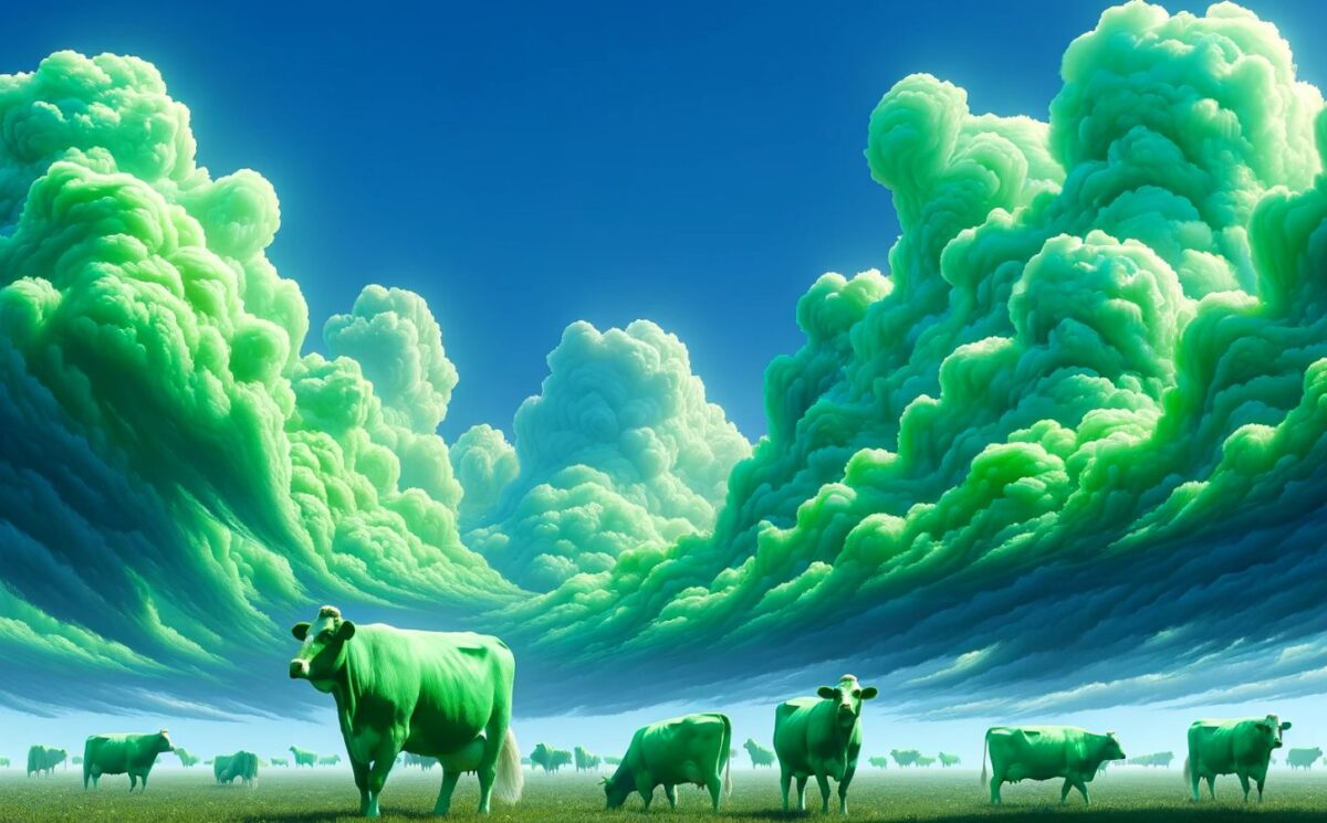 An AI-generated image depicting green cows and green clouds