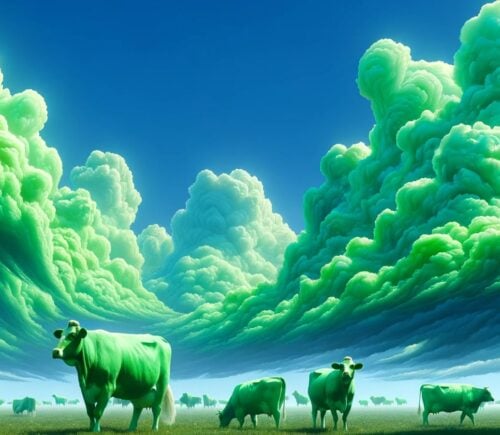 An AI-generated image depicting green cows and green clouds