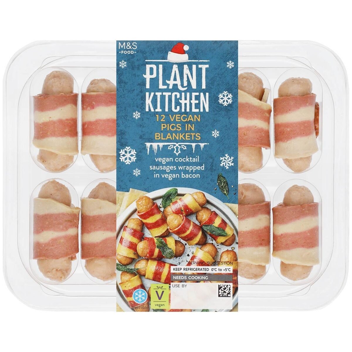 Image of pack of M&S vegan pigs in blankets from Christmas range 2023