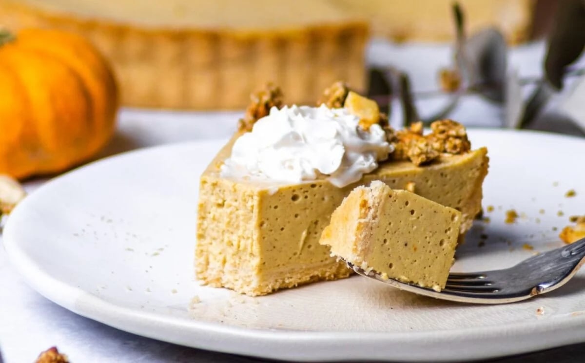 A dairy-free pumpkin pie cheesecake, a Thanksgiving dessert