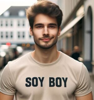 A vegan man wearing a t-shirt reading "soy boy"