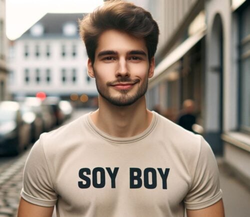 A vegan man wearing a t-shirt reading "soy boy"