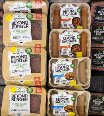 Supermarket shelf with ultra-processed vegan food