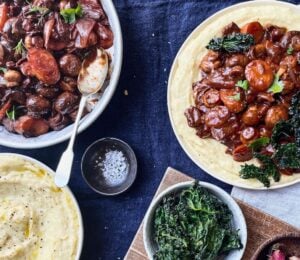 A vegan mushroom Bourguignon with white bean mash and kale chips