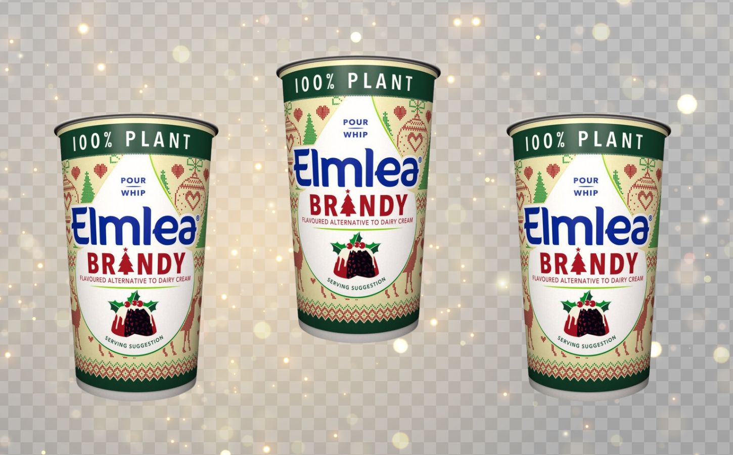 Three pots of dairy-free vegan brandy cream from UK brand Elmlea on top of a festive background