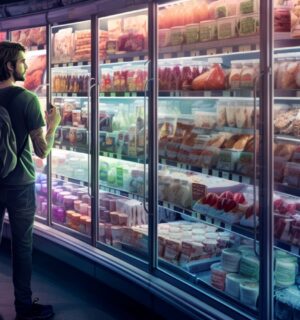 An AI art illustration of a man looking at meat in a supermarket