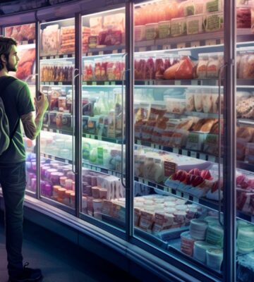 An AI art illustration of a man looking at meat in a supermarket