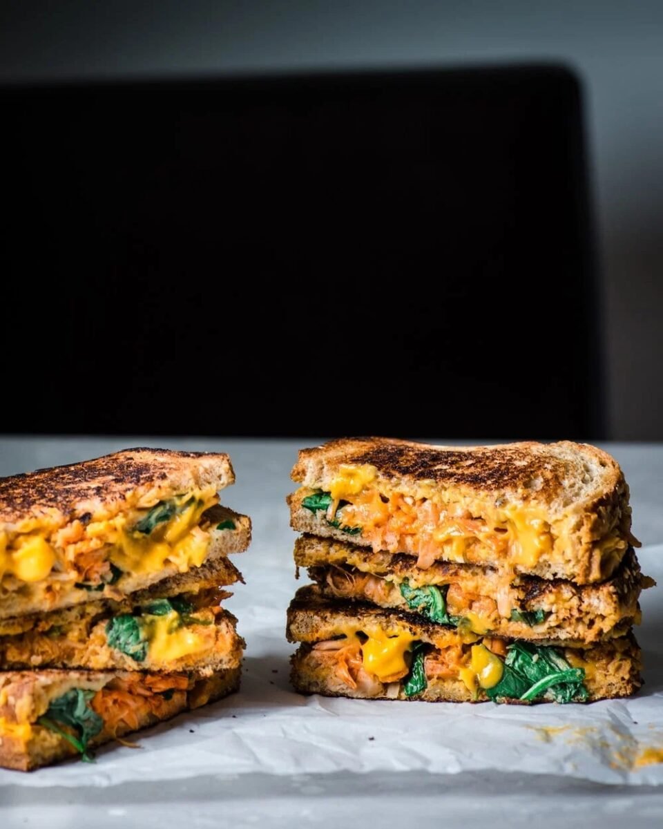 Vegan grilled cheese featuring jackfruit and nut-free vegan cheese sauce
