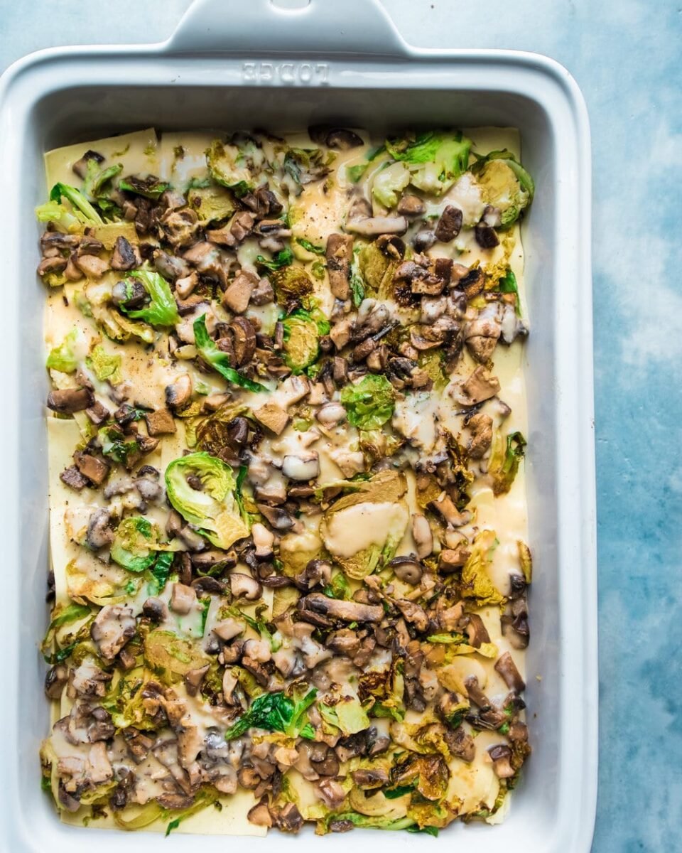 A vegan mushroom and Brussel's sprouts lasagne