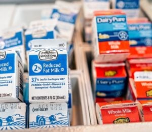 Cartons of milk in a school cafeteria