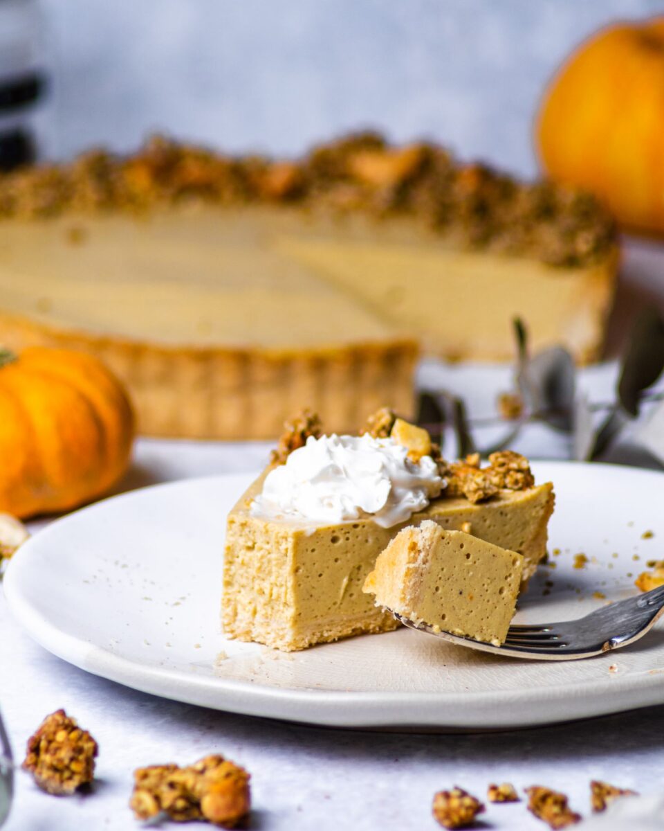 A vegan, dairy-free, and egg-free pumpkin pie cheesecake