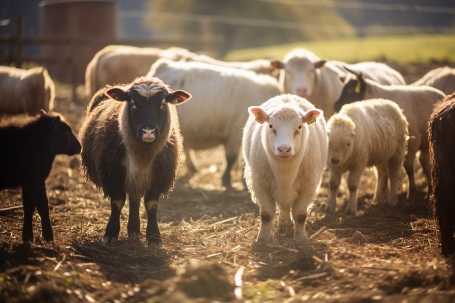 AI-generated image of sheeps at an animal sanctuary looking at the camera